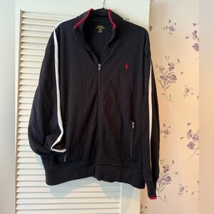 Polo Ralph Lauren Black Zip Up Sweatshirt White Stripe and Zippered Pockets XXL